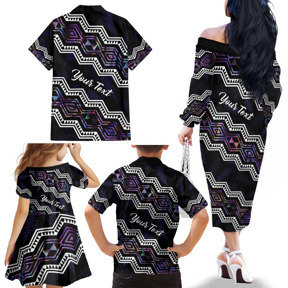 Personalised Taniko Aotearoa Mix Paua Shell Family Matching Off The Shoulder Long Sleeve Dress and Hawaiian Shirt Niho Taniwha Lilac Glitter LT01 - Polynesian Pride