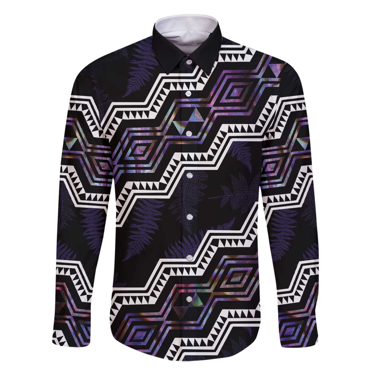 Personalised Taniko Aotearoa Mix Paua Shell Family Matching Off The Shoulder Long Sleeve Dress and Hawaiian Shirt Niho Taniwha Lilac Glitter LT01 Dad's Shirt - Long Sleeve Purple - Polynesian Pride