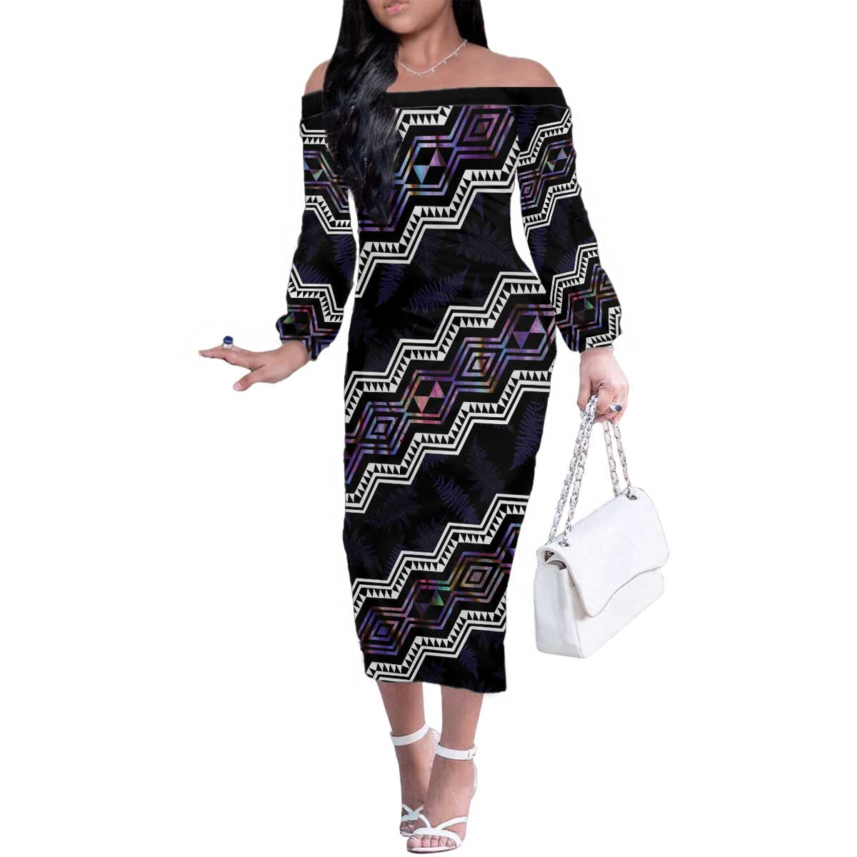 Personalised Taniko Aotearoa Mix Paua Shell Family Matching Off The Shoulder Long Sleeve Dress and Hawaiian Shirt Niho Taniwha Lilac Glitter LT01 Mom's Dress Purple - Polynesian Pride