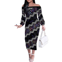 Personalised Taniko Aotearoa Mix Paua Shell Family Matching Off The Shoulder Long Sleeve Dress and Hawaiian Shirt Niho Taniwha Lilac Glitter LT01 Mom's Dress Purple - Polynesian Pride