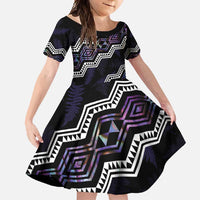 Personalised Taniko Aotearoa Mix Paua Shell Family Matching Off Shoulder Maxi Dress and Hawaiian Shirt Niho Taniwha Lilac Glitter LT01 Daughter's Dress Purple - Polynesian Pride