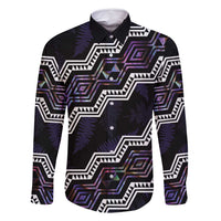 Personalised Taniko Aotearoa Mix Paua Shell Family Matching Off Shoulder Short Dress and Hawaiian Shirt Niho Taniwha Lilac Glitter LT01 Dad's Shirt - Long Sleeve Purple - Polynesian Pride