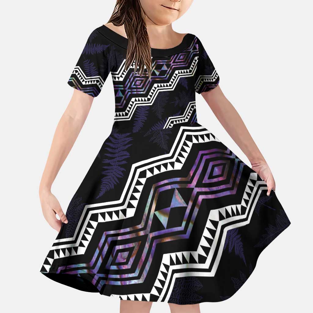 Personalised Taniko Aotearoa Mix Paua Shell Family Matching Puletasi and Hawaiian Shirt Niho Taniwha Lilac Glitter LT01 Daughter's Dress Purple - Polynesian Pride