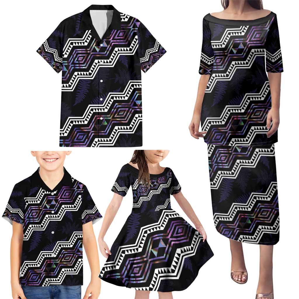 Personalised Taniko Aotearoa Mix Paua Shell Family Matching Puletasi and Hawaiian Shirt Niho Taniwha Lilac Glitter LT01 - Polynesian Pride