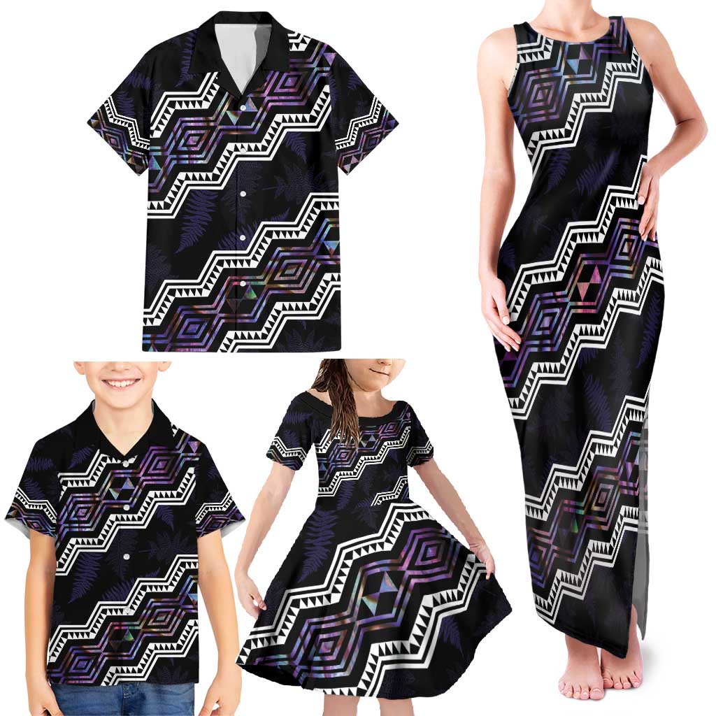 Personalised Taniko Aotearoa Mix Paua Shell Family Matching Tank Maxi Dress and Hawaiian Shirt Niho Taniwha Lilac Glitter LT01 - Polynesian Pride