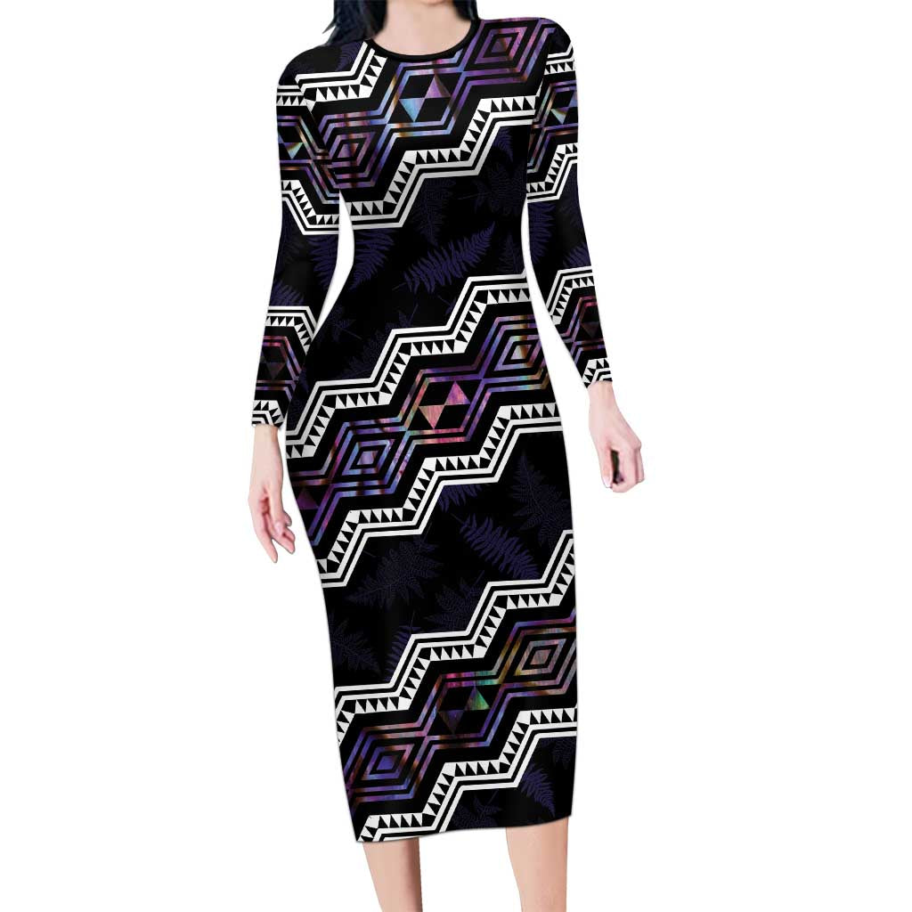 Personalised Taniko Aotearoa Mix Paua Shell Long Sleeve Bodycon Dress Niho Taniwha Lilac Glitter LT01 Long Dress Purple - Polynesian Pride