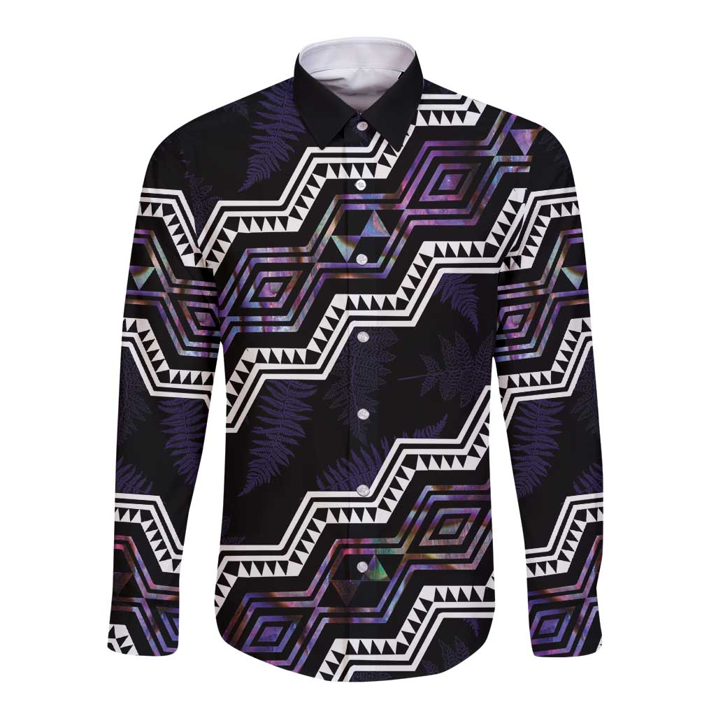 Personalised Taniko Aotearoa Mix Paua Shell Long Sleeve Button Shirt Niho Taniwha Lilac Glitter