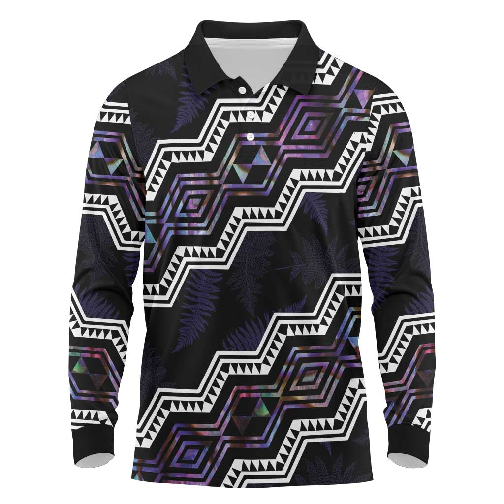 Personalised Taniko Aotearoa Mix Paua Shell Long Sleeve Polo Shirt Niho Taniwha Lilac Glitter LT01 Purple - Polynesian Pride