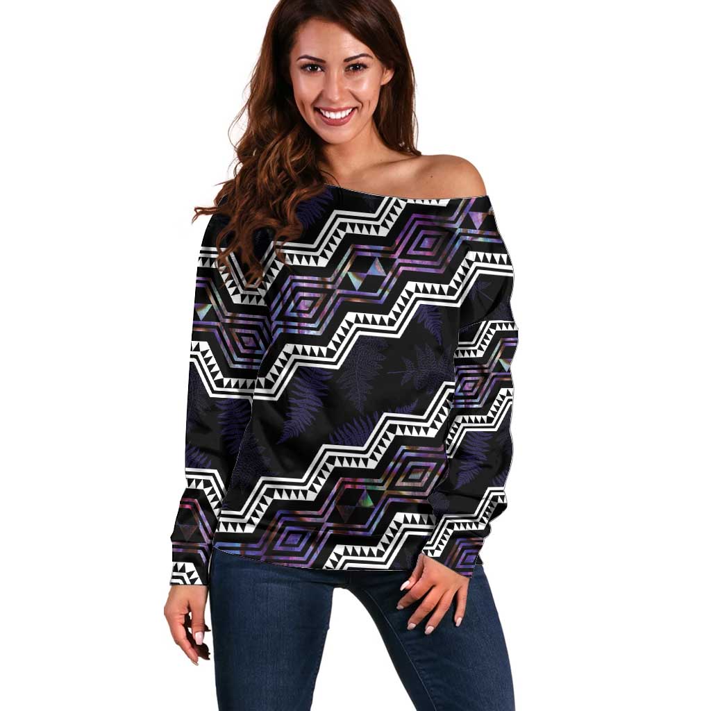 Personalised Taniko Aotearoa Mix Paua Shell Off Shoulder Sweater Niho Taniwha Lilac Glitter LT01 Women Purple - Polynesian Pride
