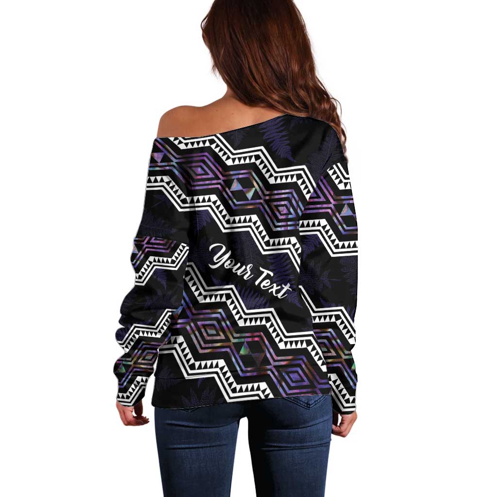Personalised Taniko Aotearoa Mix Paua Shell Off Shoulder Sweater Niho Taniwha Lilac Glitter