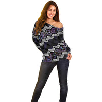 Personalised Taniko Aotearoa Mix Paua Shell Off Shoulder Sweater Niho Taniwha Lilac Glitter