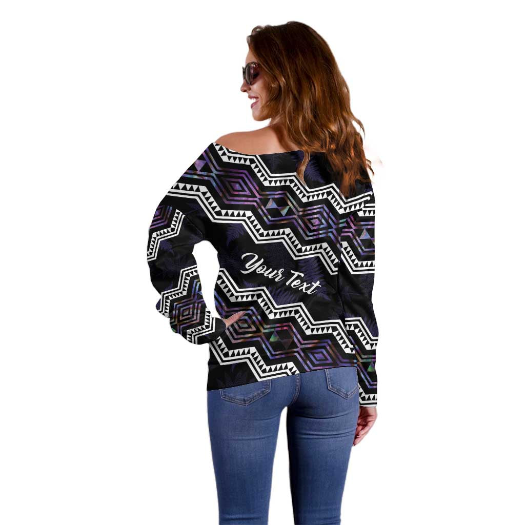 Personalised Taniko Aotearoa Mix Paua Shell Off Shoulder Sweater Niho Taniwha Lilac Glitter