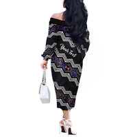 Personalised Taniko Aotearoa Mix Paua Shell Off The Shoulder Long Sleeve Dress Niho Taniwha Lilac Glitter LT01 - Polynesian Pride