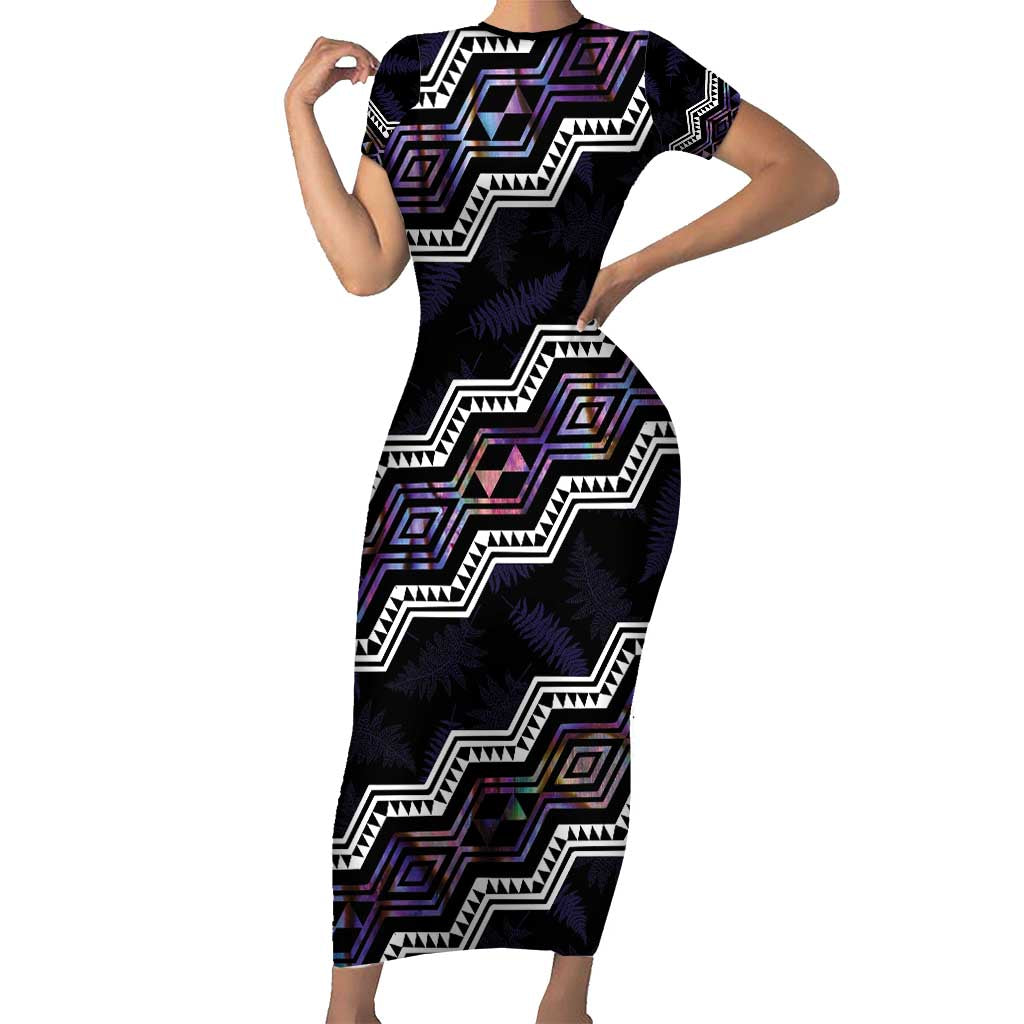 Personalised Taniko Aotearoa Mix Paua Shell Short Sleeve Bodycon Dress Niho Taniwha Lilac Glitter LT01 Long Dress Purple - Polynesian Pride