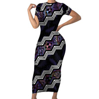Personalised Taniko Aotearoa Mix Paua Shell Short Sleeve Bodycon Dress Niho Taniwha Lilac Glitter LT01 Long Dress Purple - Polynesian Pride