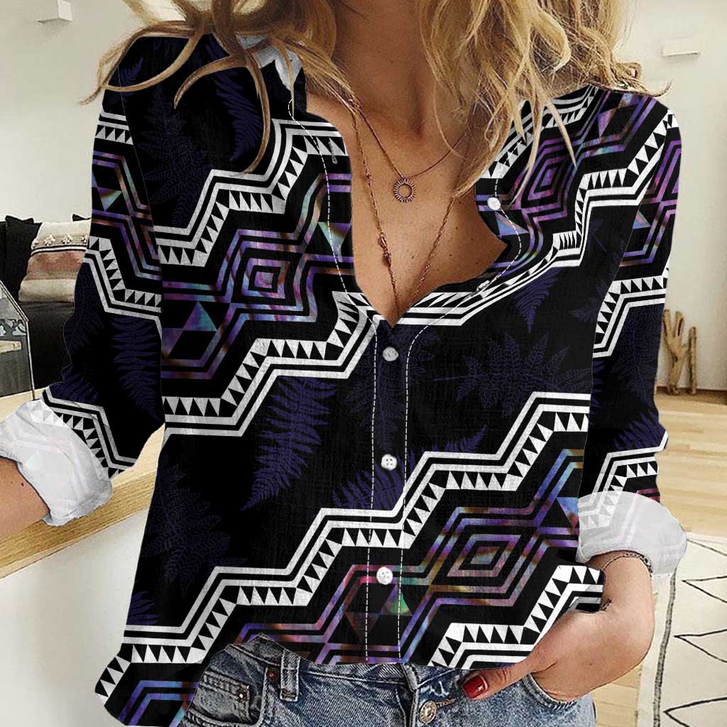 Personalised Taniko Aotearoa Mix Paua Shell Women Casual Shirt Niho Taniwha Lilac Glitter LT01 Female Purple - Polynesian Pride