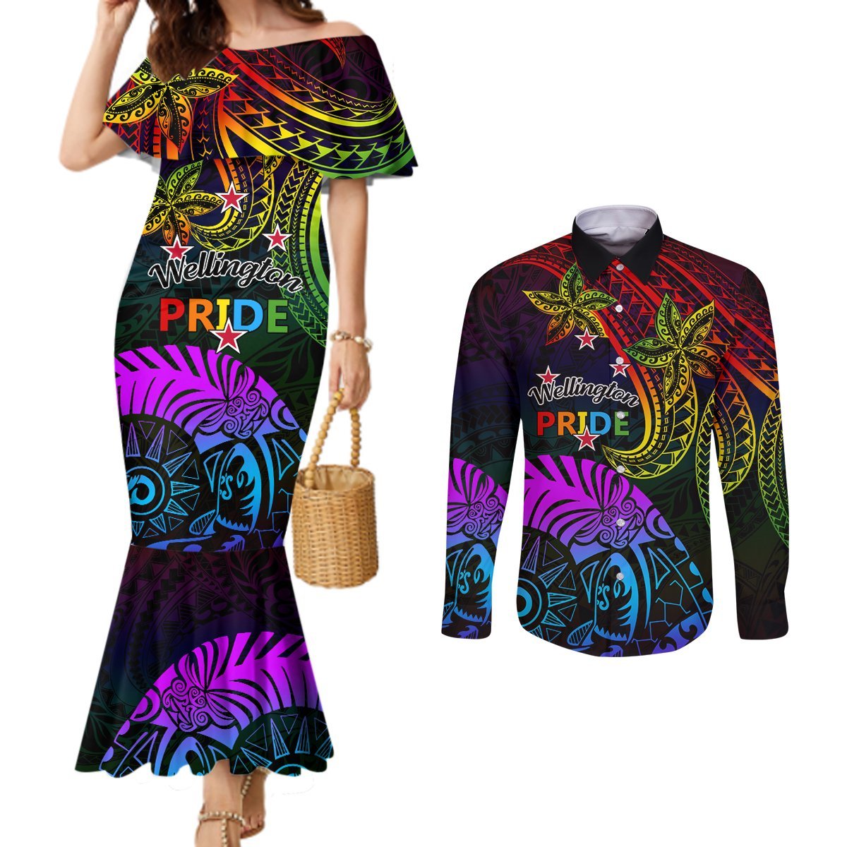 Wellington Pride Couples Matching Mermaid Dress and Long Sleeve Button Shirt Aotearoa Tribal Rainbow Pattern LT01 Black - Polynesian Pride