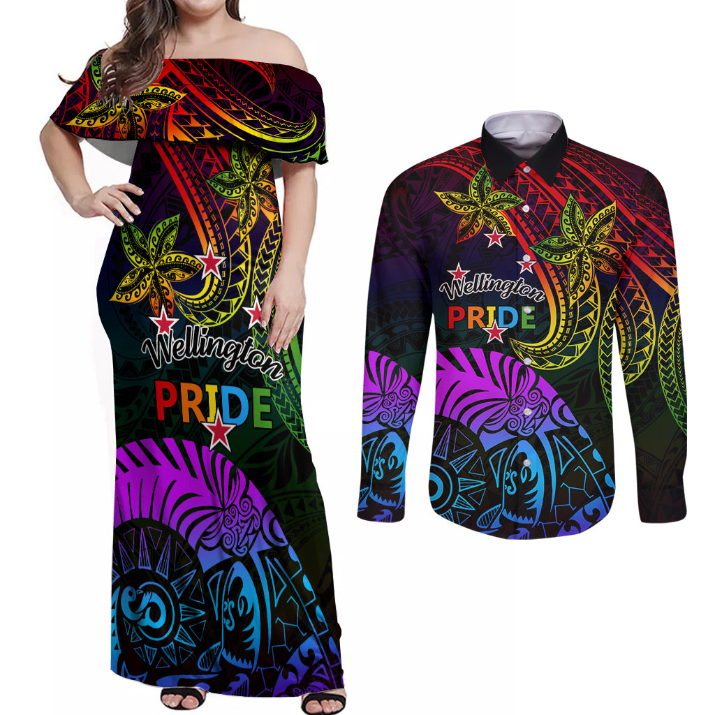 Wellington Pride Couples Matching Off Shoulder Maxi Dress and Long Sleeve Button Shirt Aotearoa Tribal Rainbow Pattern LT01 Black - Polynesian Pride