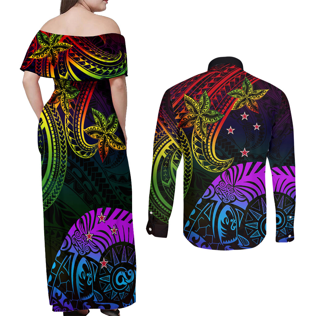 Wellington Pride Couples Matching Off Shoulder Maxi Dress and Long Sleeve Button Shirt Aotearoa Tribal Rainbow Pattern LT01 - Polynesian Pride