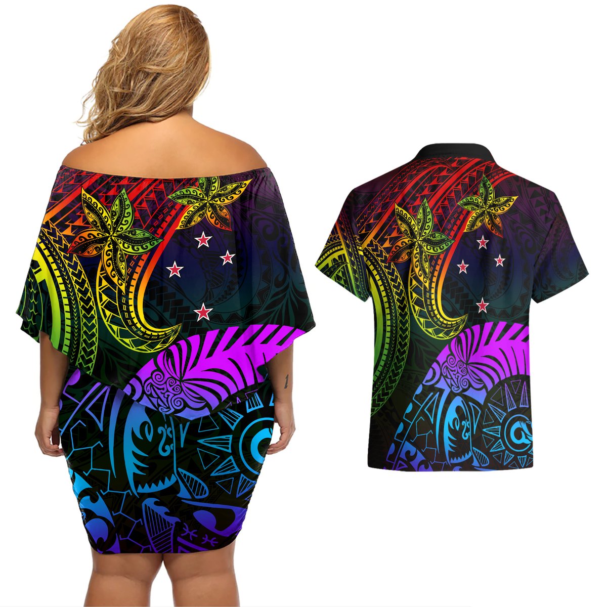 Wellington Pride Couples Matching Off Shoulder Short Dress and Hawaiian Shirt Aotearoa Tribal Rainbow Pattern LT01 - Polynesian Pride