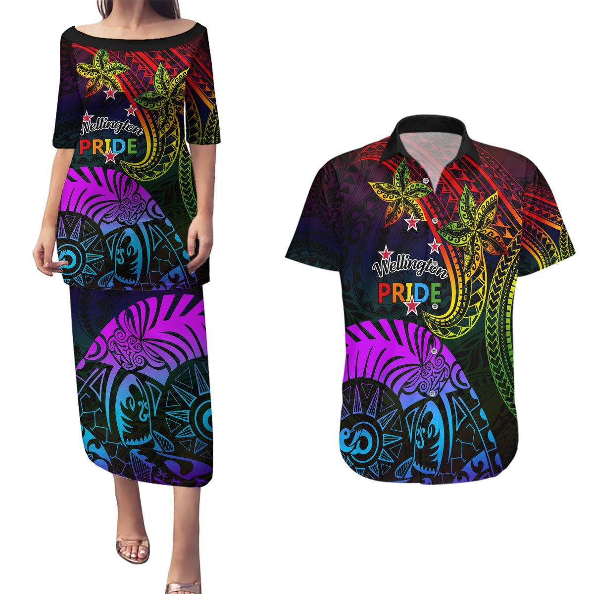Wellington Pride Couples Matching Puletasi and Hawaiian Shirt Aotearoa Tribal Rainbow Pattern LT01 Black - Polynesian Pride