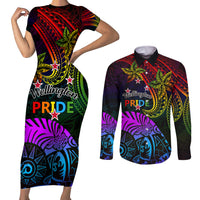 Wellington Pride Couples Matching Short Sleeve Bodycon Dress and Long Sleeve Button Shirt Aotearoa Tribal Rainbow Pattern LT01 Black - Polynesian Pride