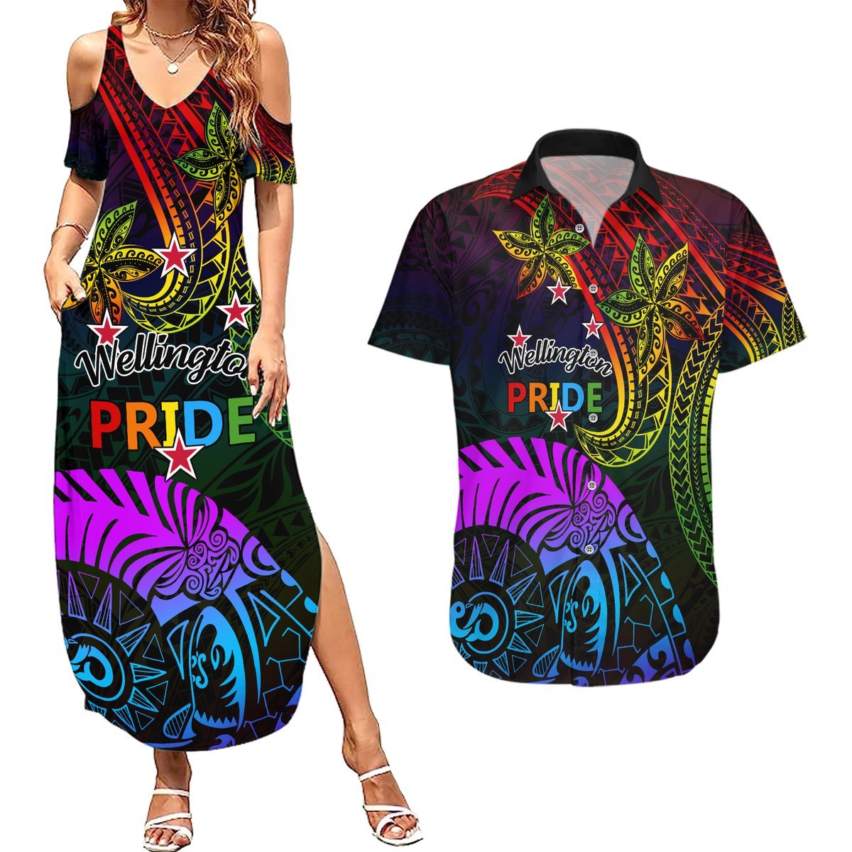 Wellington Pride Couples Matching Summer Maxi Dress and Hawaiian Shirt Aotearoa Tribal Rainbow Pattern LT01 Black - Polynesian Pride