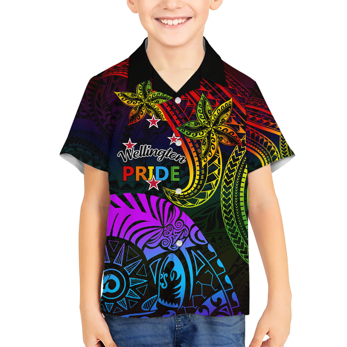 Wellington Pride Kid Hawaiian Shirt Aotearoa Tribal Rainbow Pattern LT01 Kid Black - Polynesian Pride