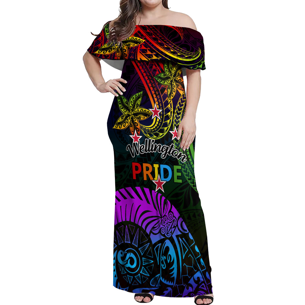 Wellington Pride Off Shoulder Maxi Dress Aotearoa Tribal Rainbow Pattern LT01 Women Black - Polynesian Pride