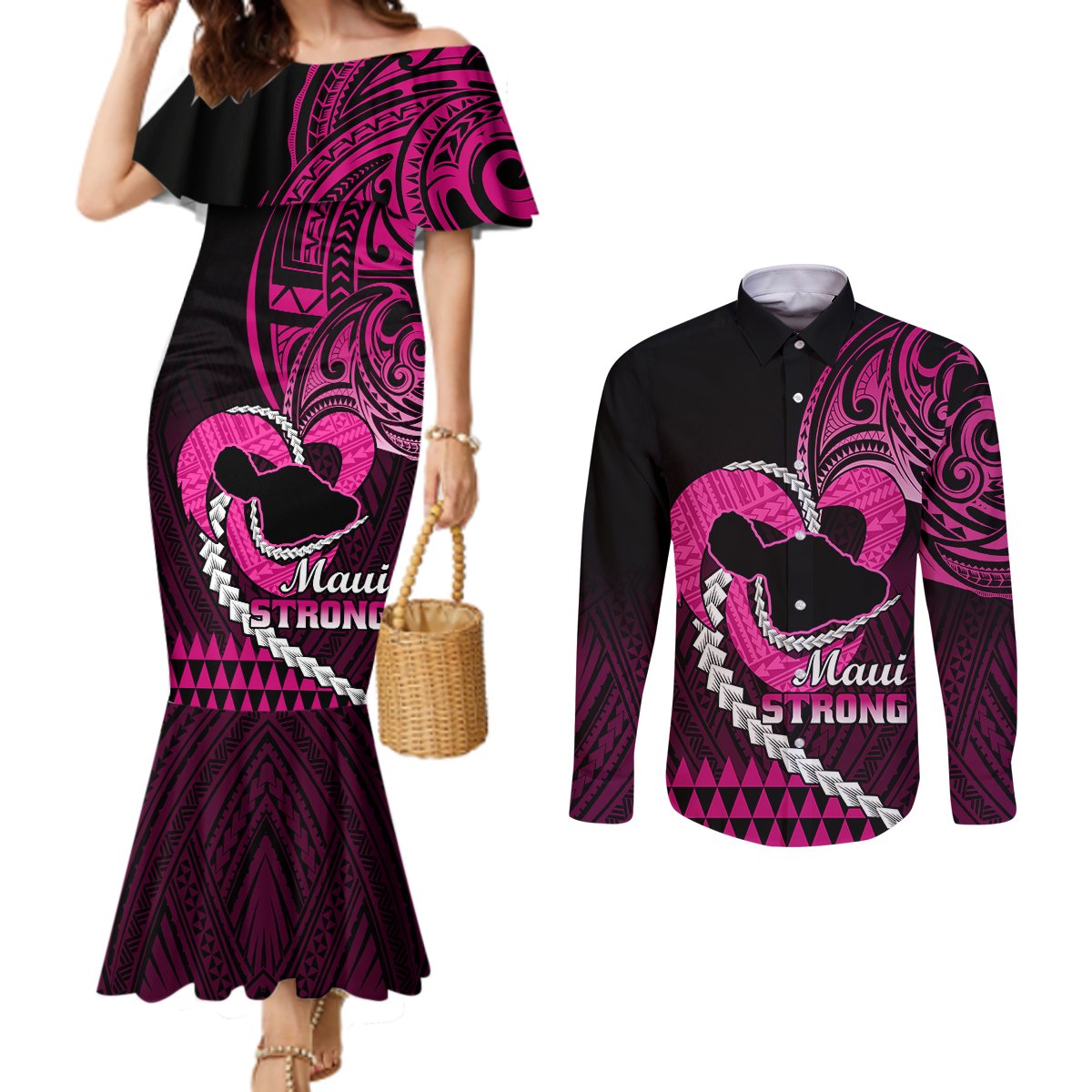 Personalised Hawaii Couples Matching Mermaid Dress and Long Sleeve Button Shirts Maui Be Strong Kakau Pink Version LT01 Pink - Polynesian Pride