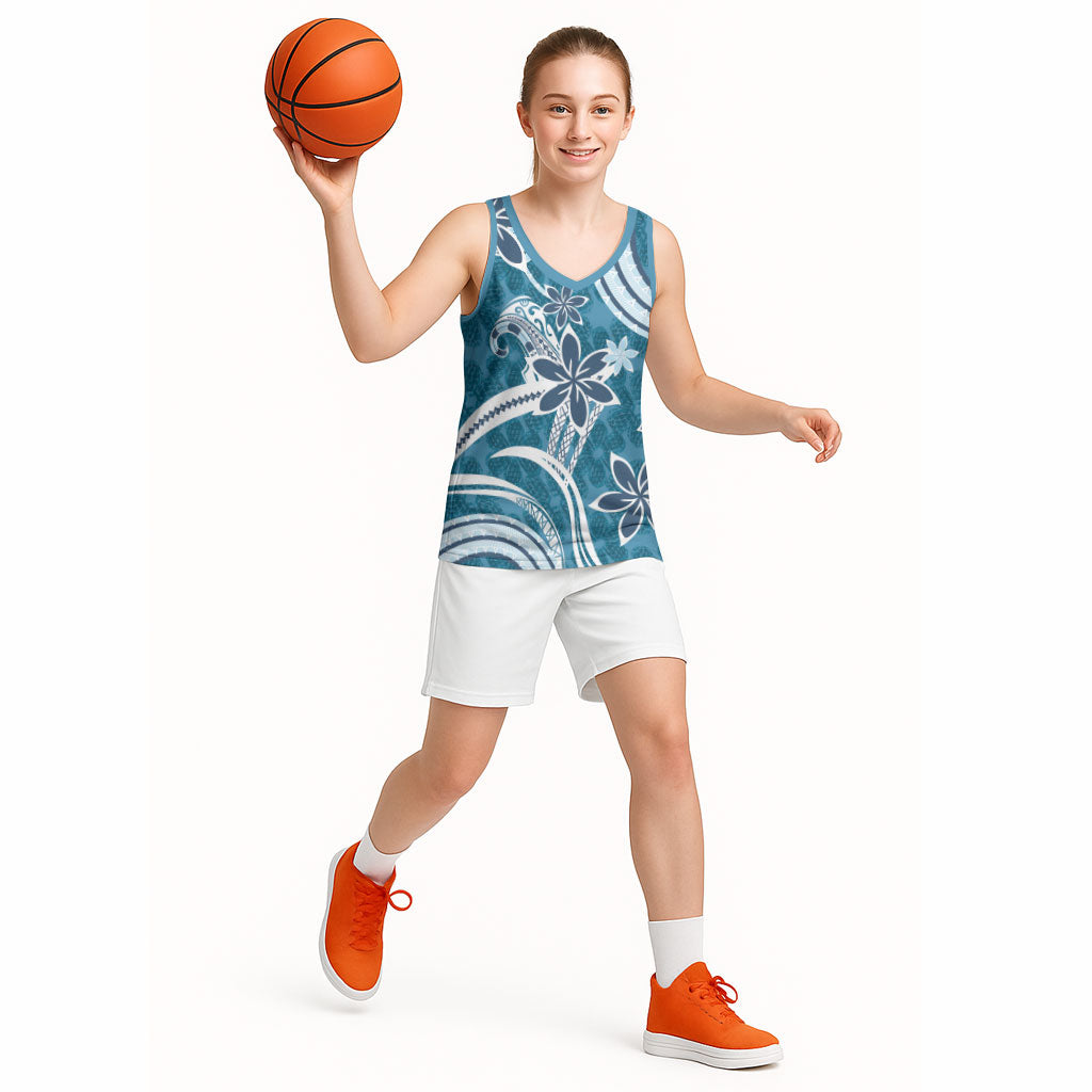 Hawaii Pupuala Plumeria Blue Basketball Jersey Polynesian Pattern LT01 - Polynesian Pride