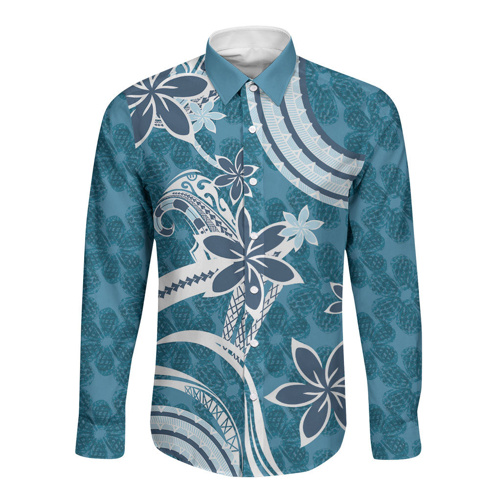 Hawaii Pupuala Plumeria Blue Long Sleeve Button Shirt Polynesian Pattern LT01 Unisex Blue - Polynesian Pride
