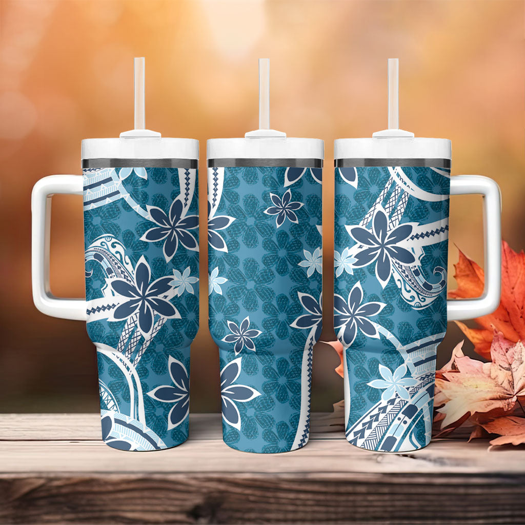 Hawaii Pupuala Plumeria Blue Tumbler With Handle Polynesian Pattern LT01 - Polynesian Pride