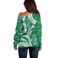 Hawaii Pupuala Plumeria Green Off Shoulder Sweater Polynesian Pattern LT01 - Polynesian Pride