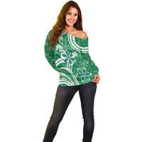 Hawaii Pupuala Plumeria Green Off Shoulder Sweater Polynesian Pattern LT01 - Polynesian Pride