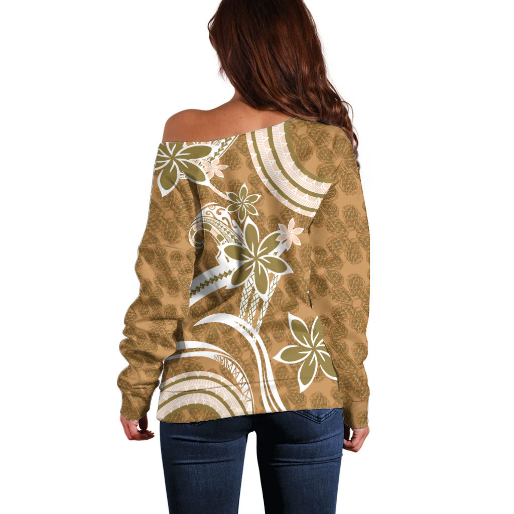 Hawaii Pupuala Plumeria Light Brown Off Shoulder Sweater Polynesian Pattern LT01 - Polynesian Pride