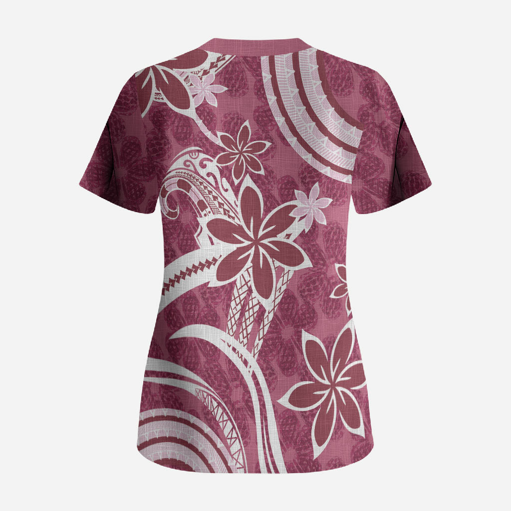 Hawaii Pupuala Plumeria Pink Scrub Top Polynesian Pattern LT01 - Polynesian Pride