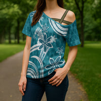 Hawaii Pupuala Plumeria Teal Cross Shoulder Shirt Polynesian Pattern LT01 - Polynesian Pride