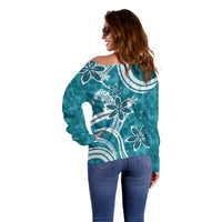 Hawaii Pupuala Plumeria Teal Off Shoulder Sweater Polynesian Pattern LT01 - Polynesian Pride