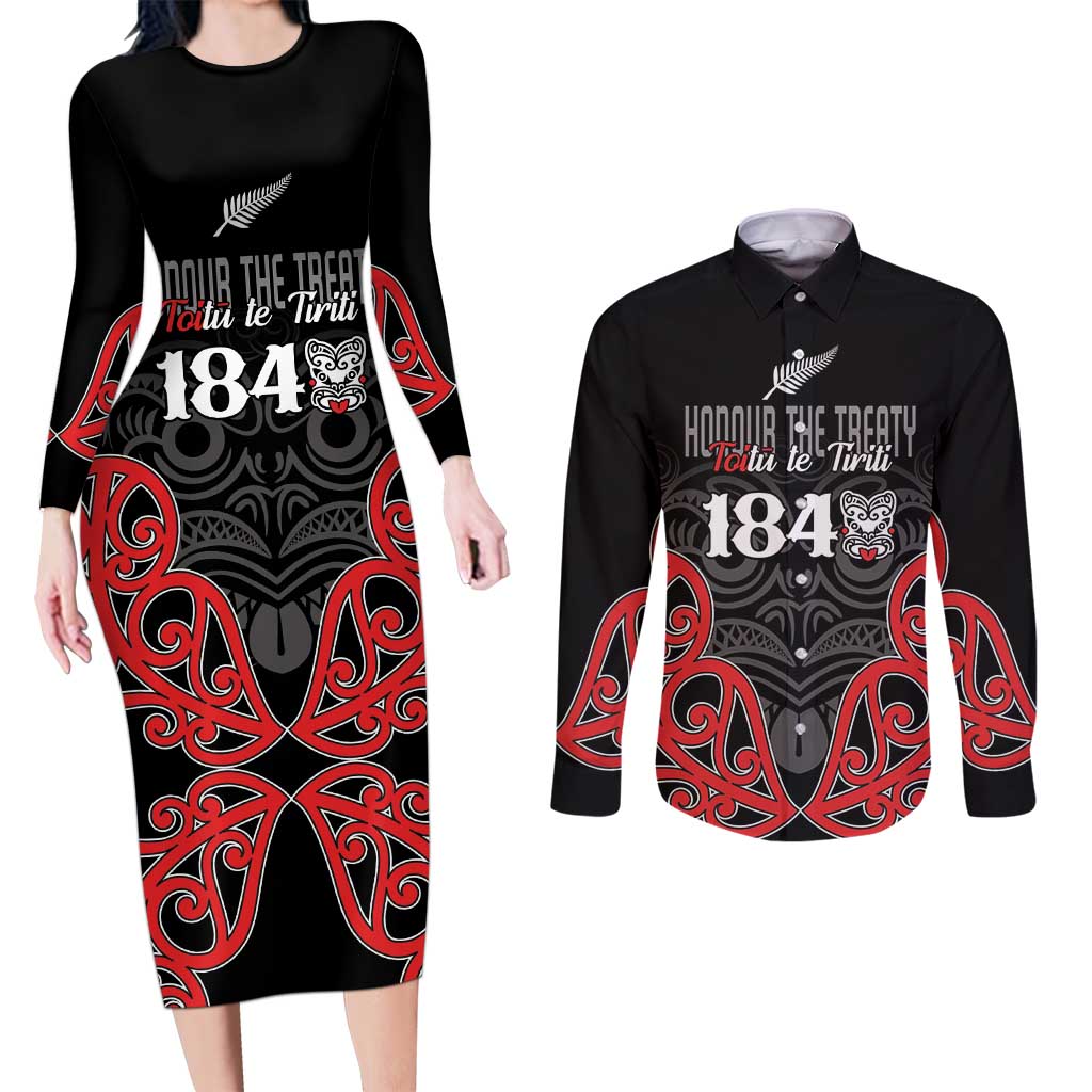 Toitu Te Tiriti 1840 Aotearoa Couples Matching Long Sleeve Bodycon Dress and Long Sleeve Button Shirt Stand Together Stand Stronger LT01 Black - Polynesian Pride