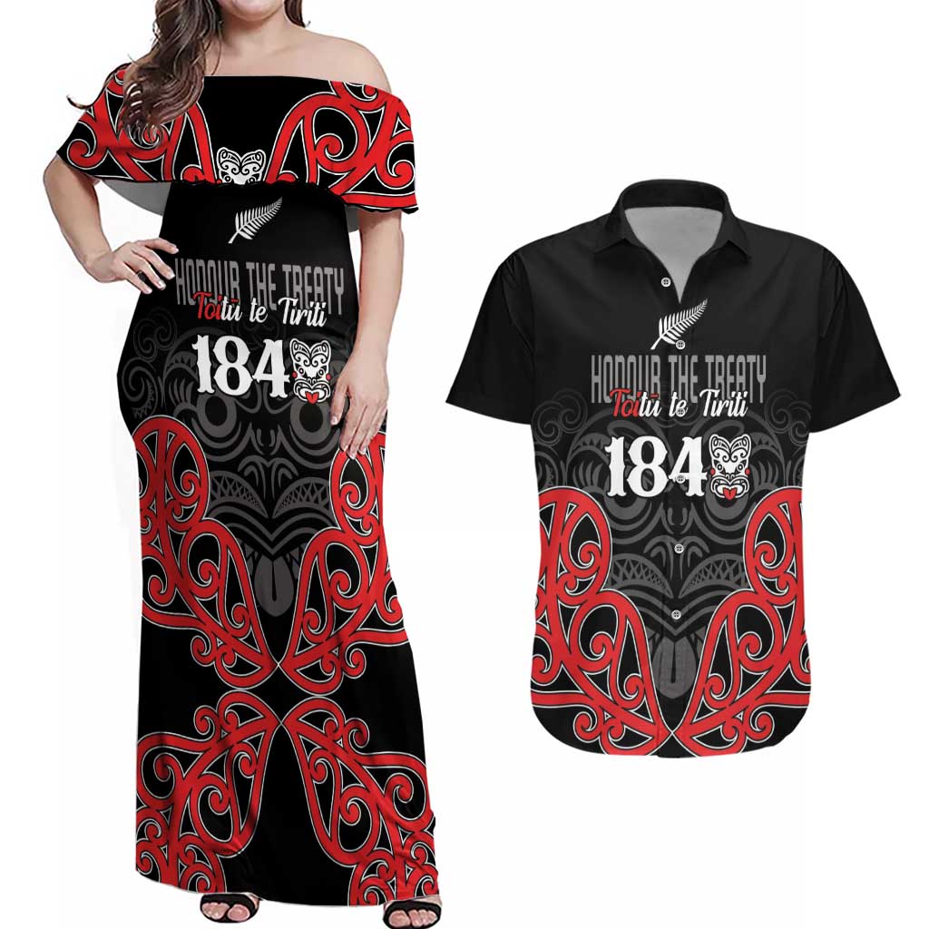 Toitu Te Tiriti 1840 Aotearoa Couples Matching Off Shoulder Maxi Dress and Hawaiian Shirt Stand Together Stand Stronger LT01 Black - Polynesian Pride