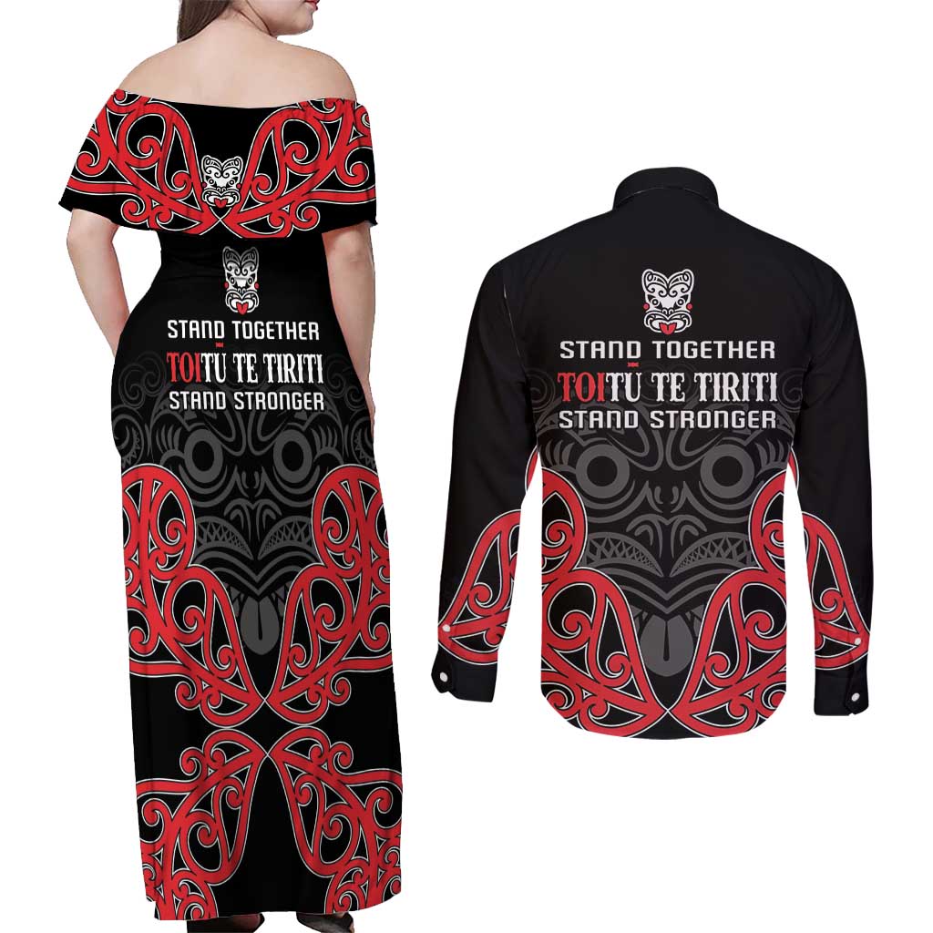 Toitu Te Tiriti 1840 Aotearoa Couples Matching Off Shoulder Maxi Dress and Long Sleeve Button Shirt Stand Together Stand Stronger LT01 - Polynesian Pride