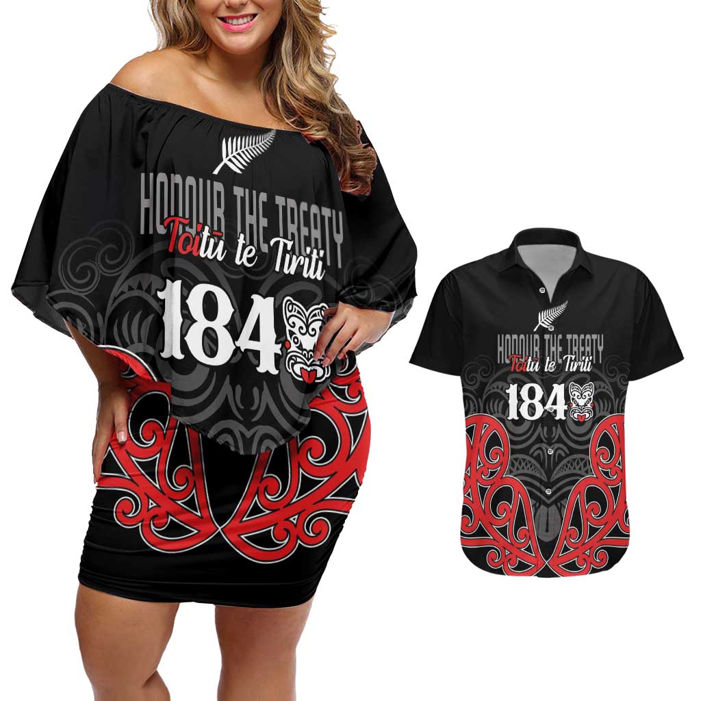 Toitu Te Tiriti 1840 Aotearoa Couples Matching Off Shoulder Short Dress and Hawaiian Shirt Stand Together Stand Stronger LT01 Black - Polynesian Pride