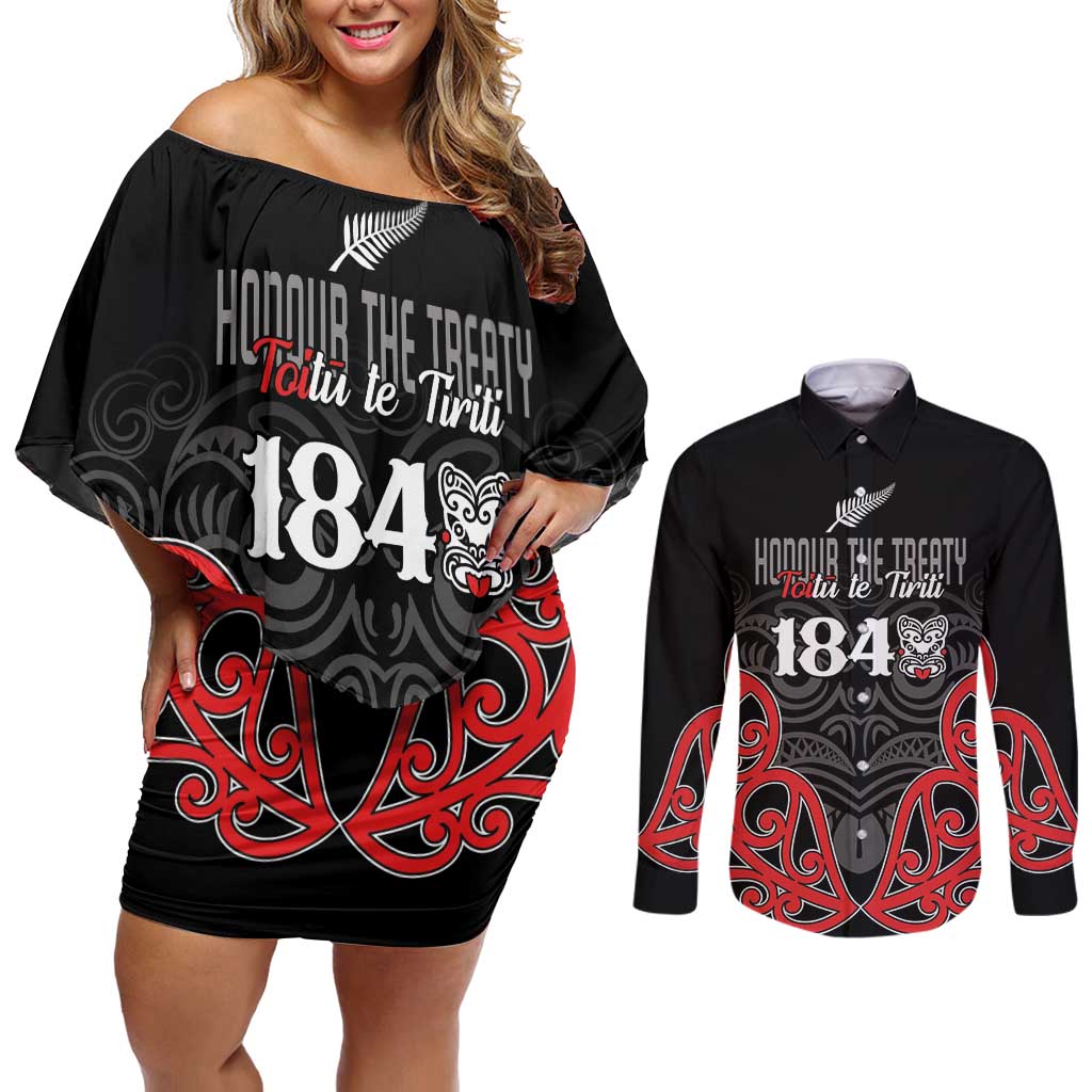 Toitu Te Tiriti 1840 Aotearoa Couples Matching Off Shoulder Short Dress and Long Sleeve Button Shirt Stand Together Stand Stronger LT01 Black - Polynesian Pride