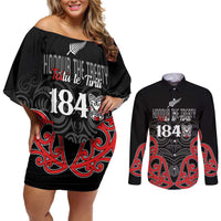 Toitu Te Tiriti 1840 Aotearoa Couples Matching Off Shoulder Short Dress and Long Sleeve Button Shirt Stand Together Stand Stronger LT01 Black - Polynesian Pride