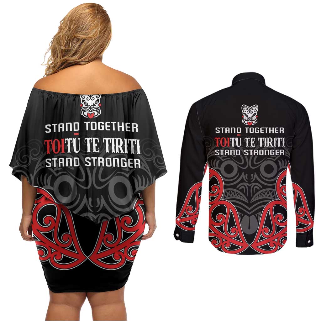 Toitu Te Tiriti 1840 Aotearoa Couples Matching Off Shoulder Short Dress and Long Sleeve Button Shirt Stand Together Stand Stronger LT01 - Polynesian Pride