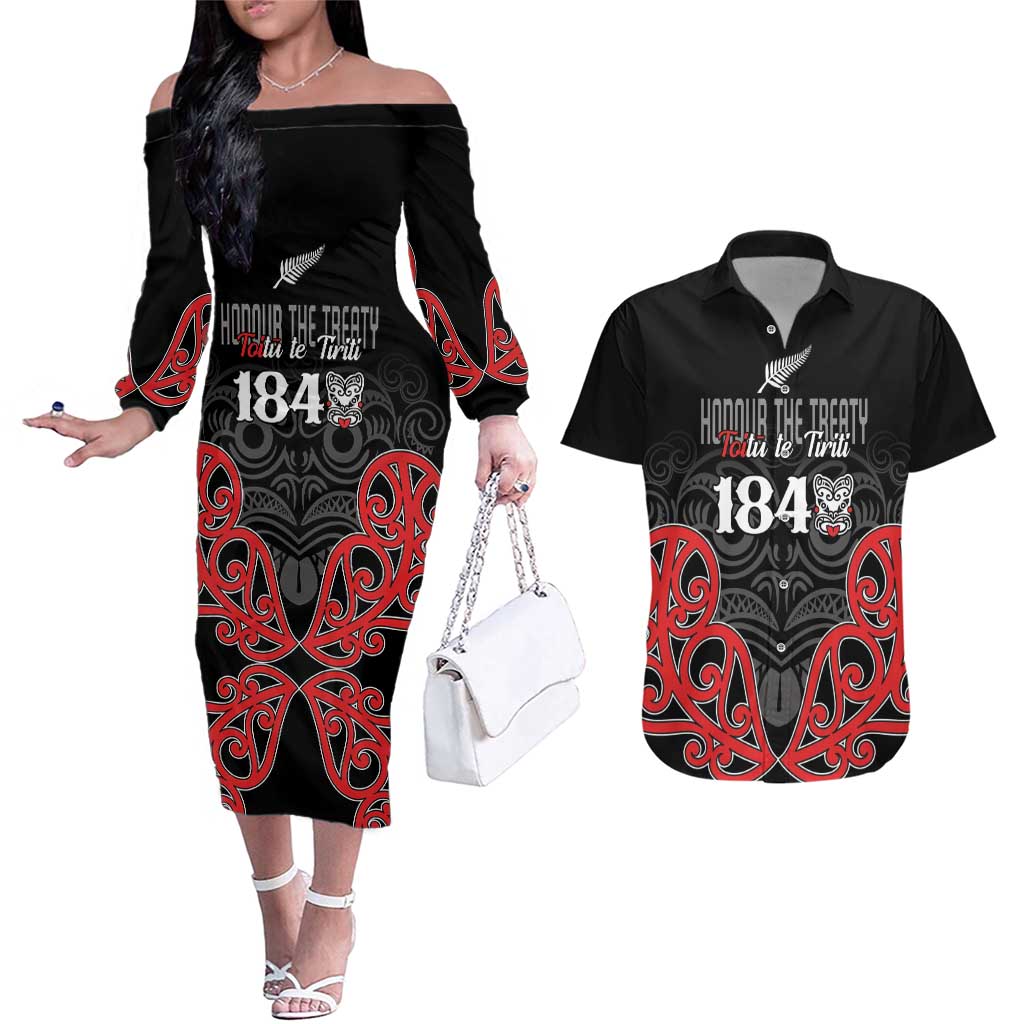 Toitu Te Tiriti 1840 Aotearoa Couples Matching Off The Shoulder Long Sleeve Dress and Hawaiian Shirt Stand Together Stand Stronger LT01 Black - Polynesian Pride