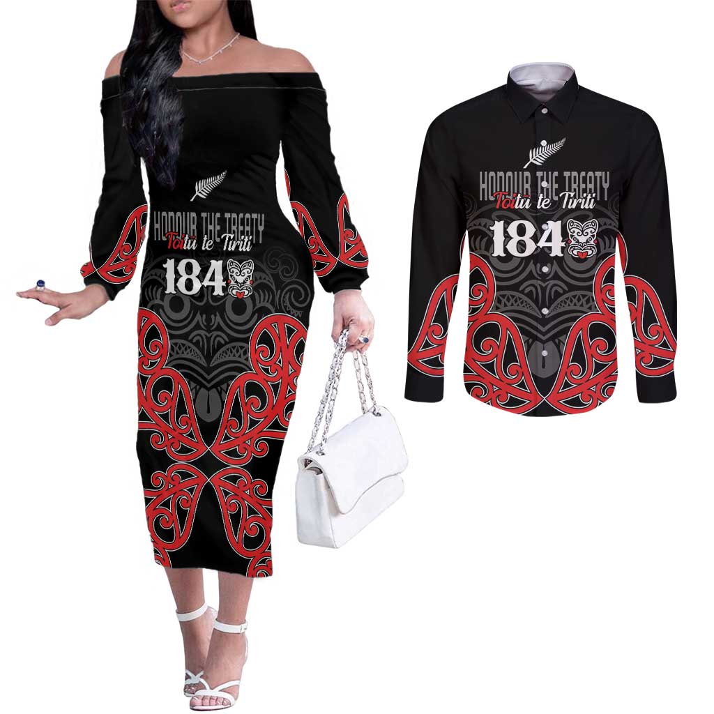 Toitu Te Tiriti 1840 Aotearoa Couples Matching Off The Shoulder Long Sleeve Dress and Long Sleeve Button Shirt Stand Together Stand Stronger LT01 Black - Polynesian Pride