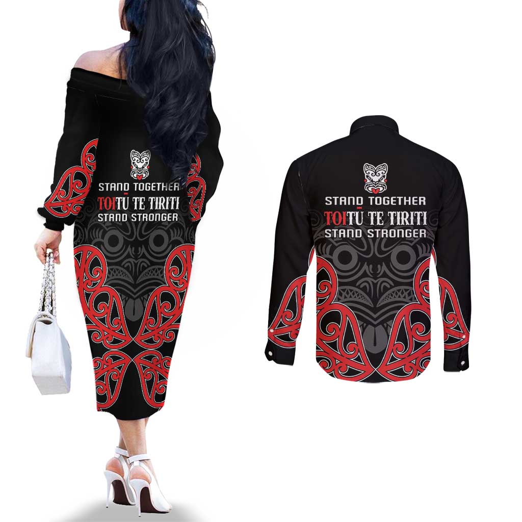 Toitu Te Tiriti 1840 Aotearoa Couples Matching Off The Shoulder Long Sleeve Dress and Long Sleeve Button Shirt Stand Together Stand Stronger LT01 - Polynesian Pride