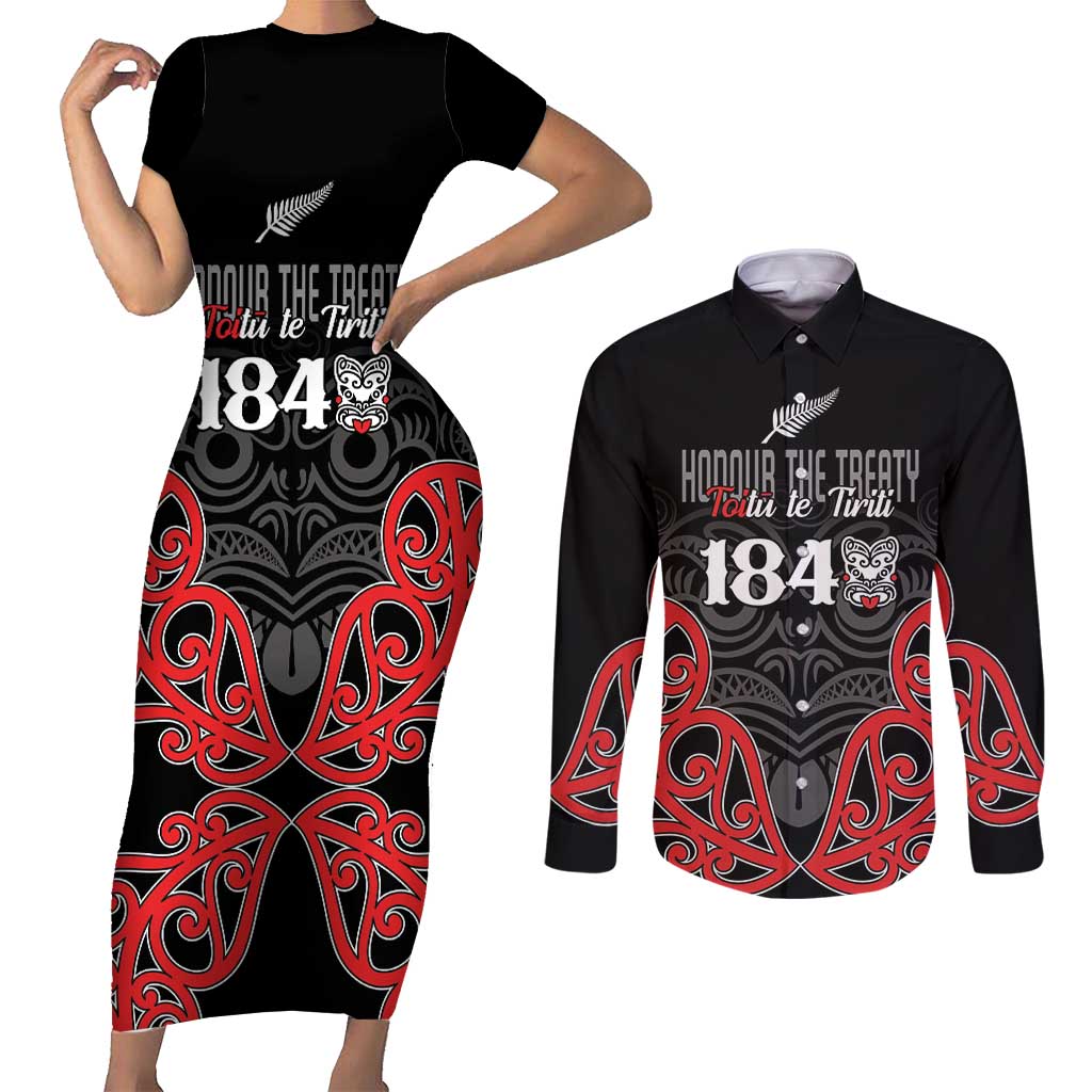 Toitu Te Tiriti 1840 Aotearoa Couples Matching Short Sleeve Bodycon Dress and Long Sleeve Button Shirt Stand Together Stand Stronger LT01 Black - Polynesian Pride